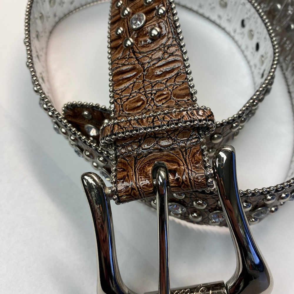 GUESS Western Unisex Stud & Rhinestone Embellished Belt Faux Leather, BROWN, Med - Picture 3 of 11